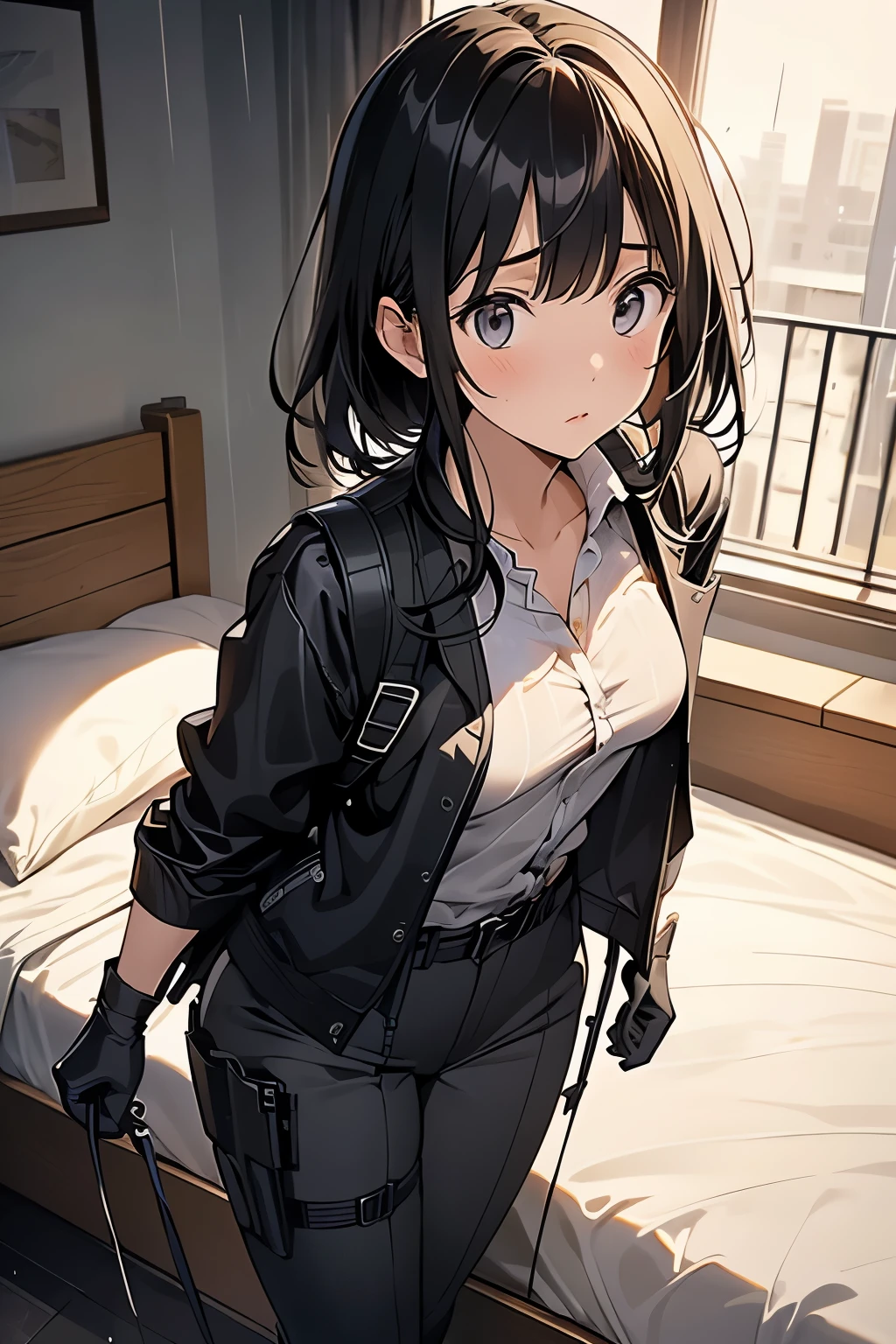 1 female, , high quality, masterpiece, Ultra-high resolution, , Cinema Lighting, , , And the suspenders with the cranes flying Large Breasts Small face holster Lying in bed Looking up Sweat belt summer 脇Sweat Black Hole Gloves suit shirt Black jacket Black trousers Leg Links ズボンにbelt holster Hands behind your back Anxious expression Looking up Anxious face, legs apart Armament Cable ties レッグholster holster See-through clothing heavy rain Getting wet in the rain