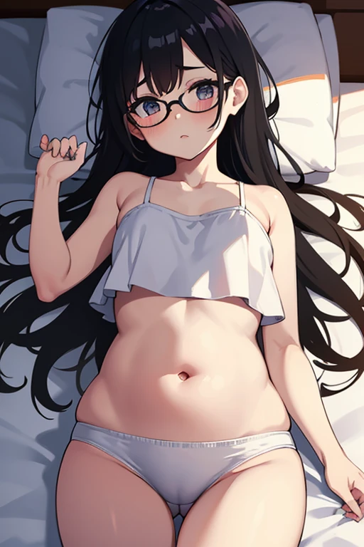 Short statured girl with glasses, plump thighs,, lying on a bed, black hair, blushing, Bare abdomen, flat stomach
