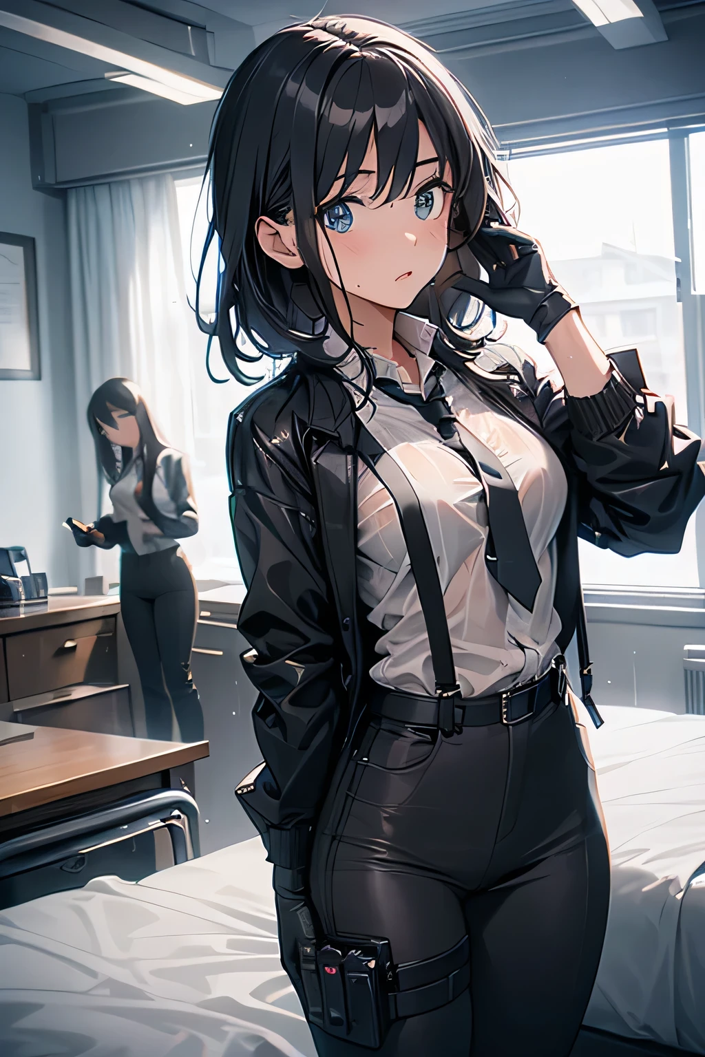 1 female, , high quality, masterpiece, Ultra-high resolution, , Cinema Lighting, , , And the suspenders with the cranes flying Large Breasts Small face holster Lying in bed Looking up Sweat belt summer 脇Sweat Black Hole Gloves suit shirt Black jacket Black trousers Leg Links ズボンにbelt holster Hands behind your back Anxious expression Looking up Anxious face, legs apart Armament Cable ties レッグholster holster See-through clothing heavy rain Getting wet in the rain