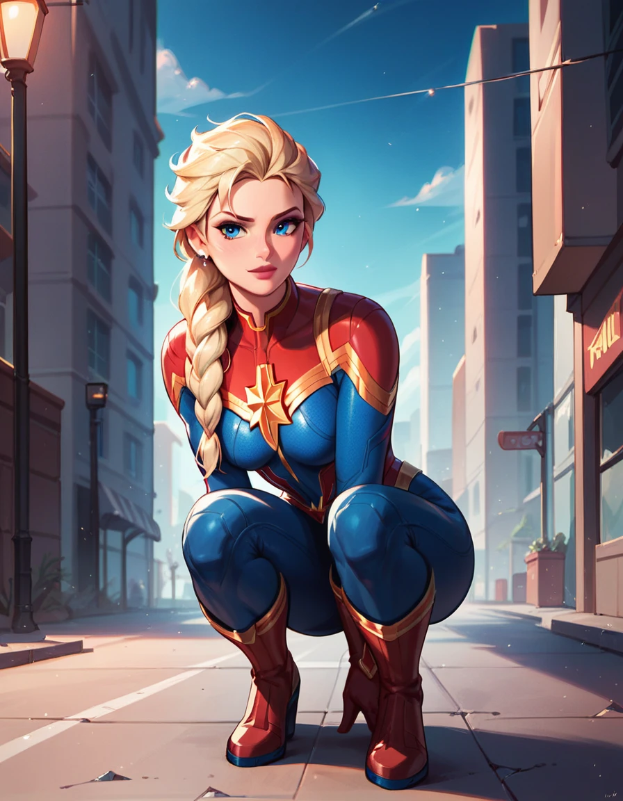 score_9, score_8_up, score_7_up, score_6_up, 1girl, solo, elsa (blonde hair, braid:1.1), wearing (Captain marvel suit:1.2), superhero landing, crouched, ground cracked, city street, cinematic lighting.