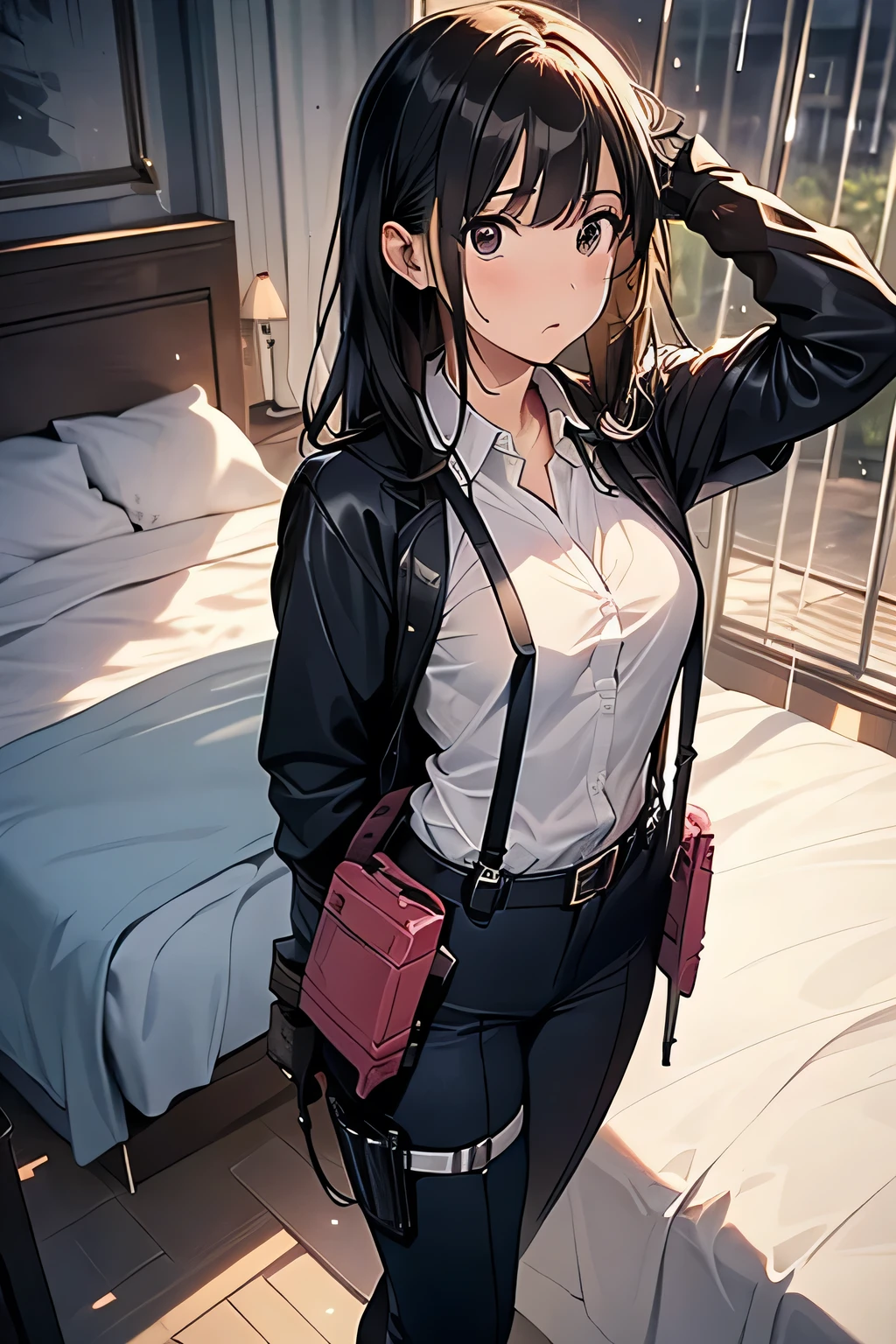 1 female, , high quality, masterpiece, Ultra-high resolution, , Cinema Lighting, , , And the suspenders with the cranes flying Large Breasts Small face holster Lying in bed Looking up Sweat belt summer 脇Sweat Black Hole Gloves suit shirt Black jacket Black trousers Leg Links ズボンにbelt holster Hands behind your back Anxious expression Looking up Anxious face, legs apart Armament Cable ties レッグholster holster See-through clothing heavy rain Getting wet in the rain