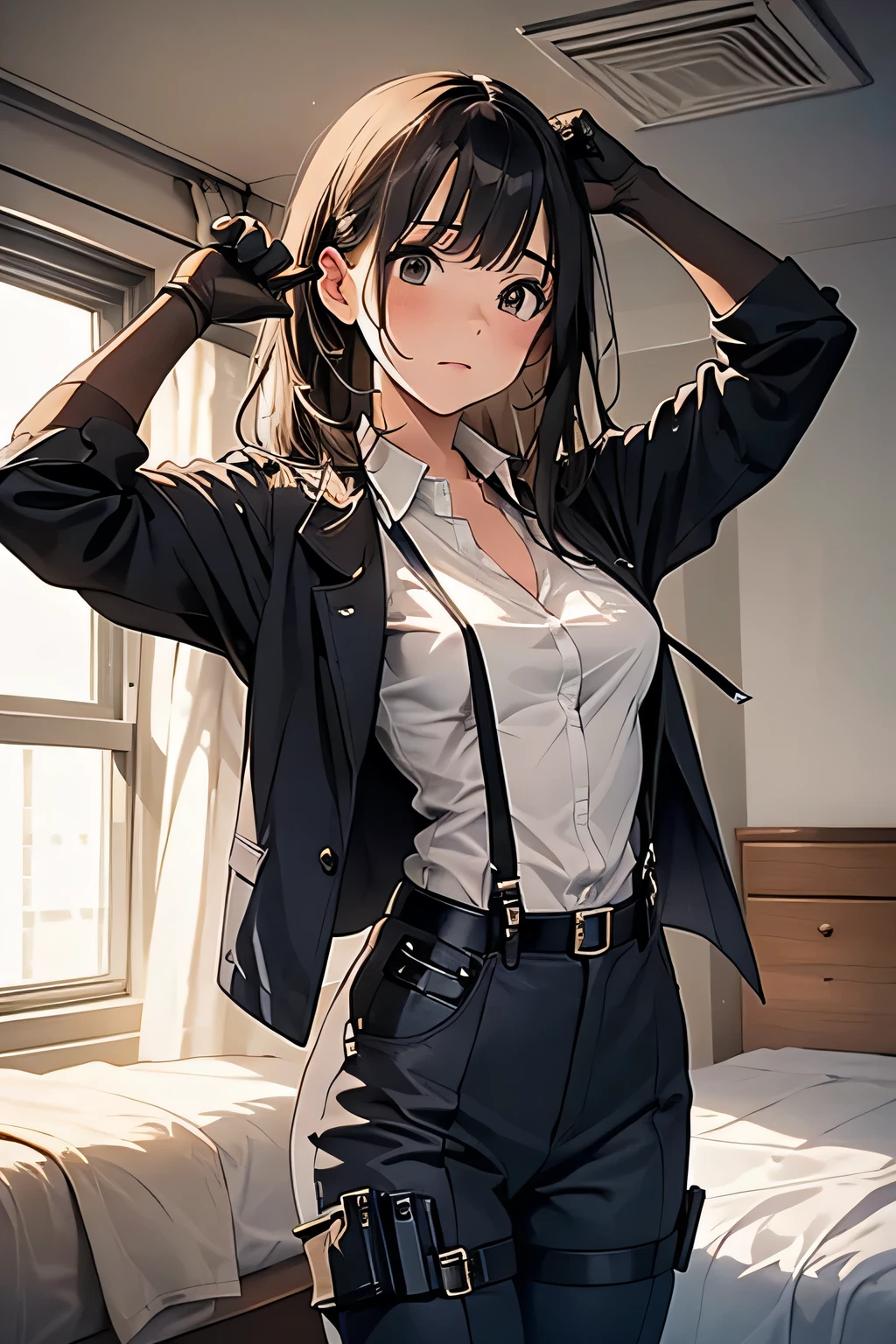 1 female, , high quality, masterpiece, Ultra-high resolution, , Cinema Lighting, , , And the suspenders with the cranes flying Large Breasts Small face holster Lying in bed Looking up Sweat belt summer 脇Sweat Black Hole Gloves suit shirt Black jacket Black trousers Leg Links ズボンにbelt holster Hands behind your back Anxious expression Looking up Anxious face, legs apart Armament Cable ties レッグholster holster See-through clothing heavy rain Getting wet in the rain