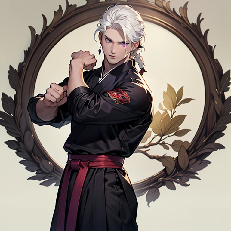((masterpiece)), (((best quality))), 1 male, pale white skin, white hair, hair styled in a single thick braid, handsome man, detailed background of a mansion, purple eyes, earrings, standing straight pose, martial arts clothes, detailed face, highest quality, highly detailed, original, high resolution CG Unit 8k wallpaper, (best quality, artwork, masterpiece, 4k)