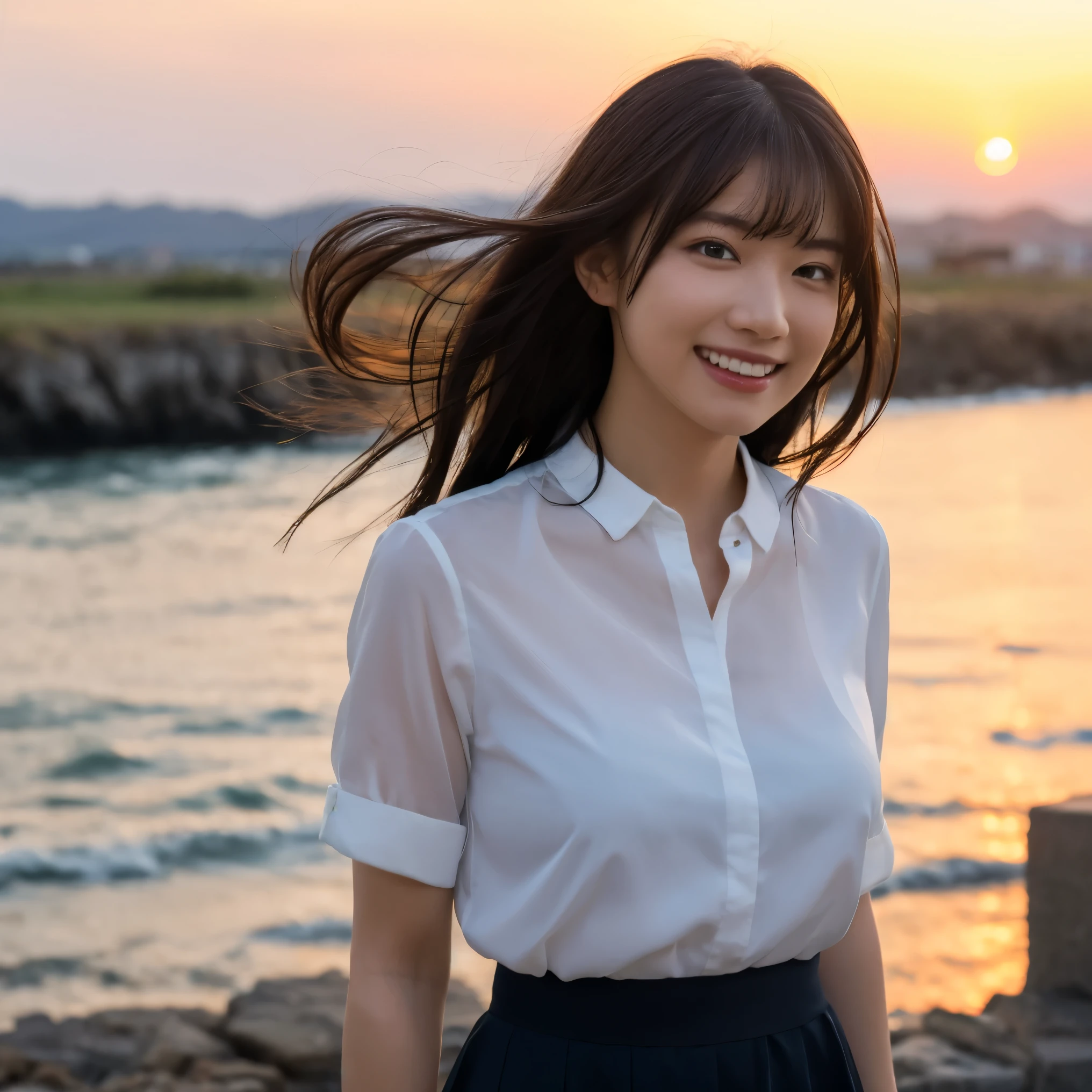 (Highest quality,masterpiece:1.3,Ultra-high resolution),(Very detailed,Caustics,8k),(Realistic:1.4,RAW shooting),Japanese,23 years old,cute,Place your finger on your lips,Are standing,(Big smile),(Looking into the camera),Black Hair Medium Hair,White blouse,Knee-length skirt,Strong winds,Hair blowing in the wind,Coastal,Backlight,sunset,sunset sky,(whole body),Natural light