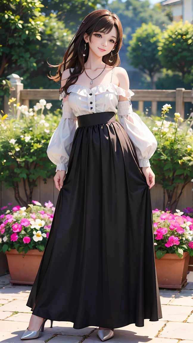 (Highest quality、 8k 、masterpiece、High resolution)、Young lovely woman、Ample breasts、Smooth and unnoticeable collarbone、Slender beauty、(Brown hair medium、My hair is blowing in the wind、Flows backwards)、Full Body Shot、 (Beautiful Face,Beautiful Eyes,Beautiful nose,Pretty lips)、(Stephanie hoove earrings、silver heart necklace)、((Black tops、White and monochrome dot long skirt(Ankle length))、Her mouth opens slightly and a smile appears.、Nice pose、Outdoor、(A Western-style garden filled with blooming flowers)、Colorful flowers、Vibrant colors、The red stands out、looking at the camera、Professional Lighting、Professional photographer、Detailed CG、
