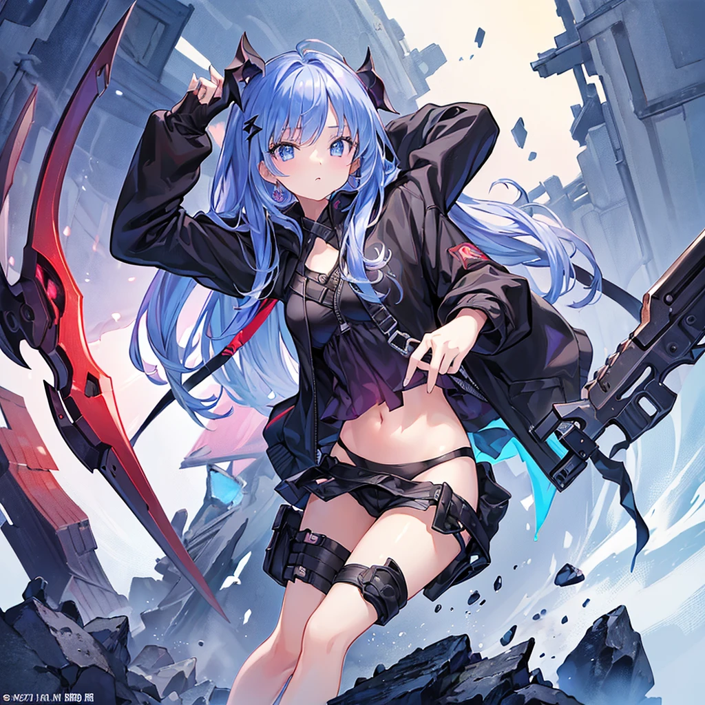 1girl,(((Highest quality、Masterpiece、Official Art、The best dynamic composition、超detailed)))、Anime Style、Perfect physique、The coolest pose、Cute Grim Reaper、Death's scythe is red and black、detailedな彫刻、Black hooded cloak、Super huge、detailed、In the middle of swinging down a scythe with both hands、Red spider lily background、
