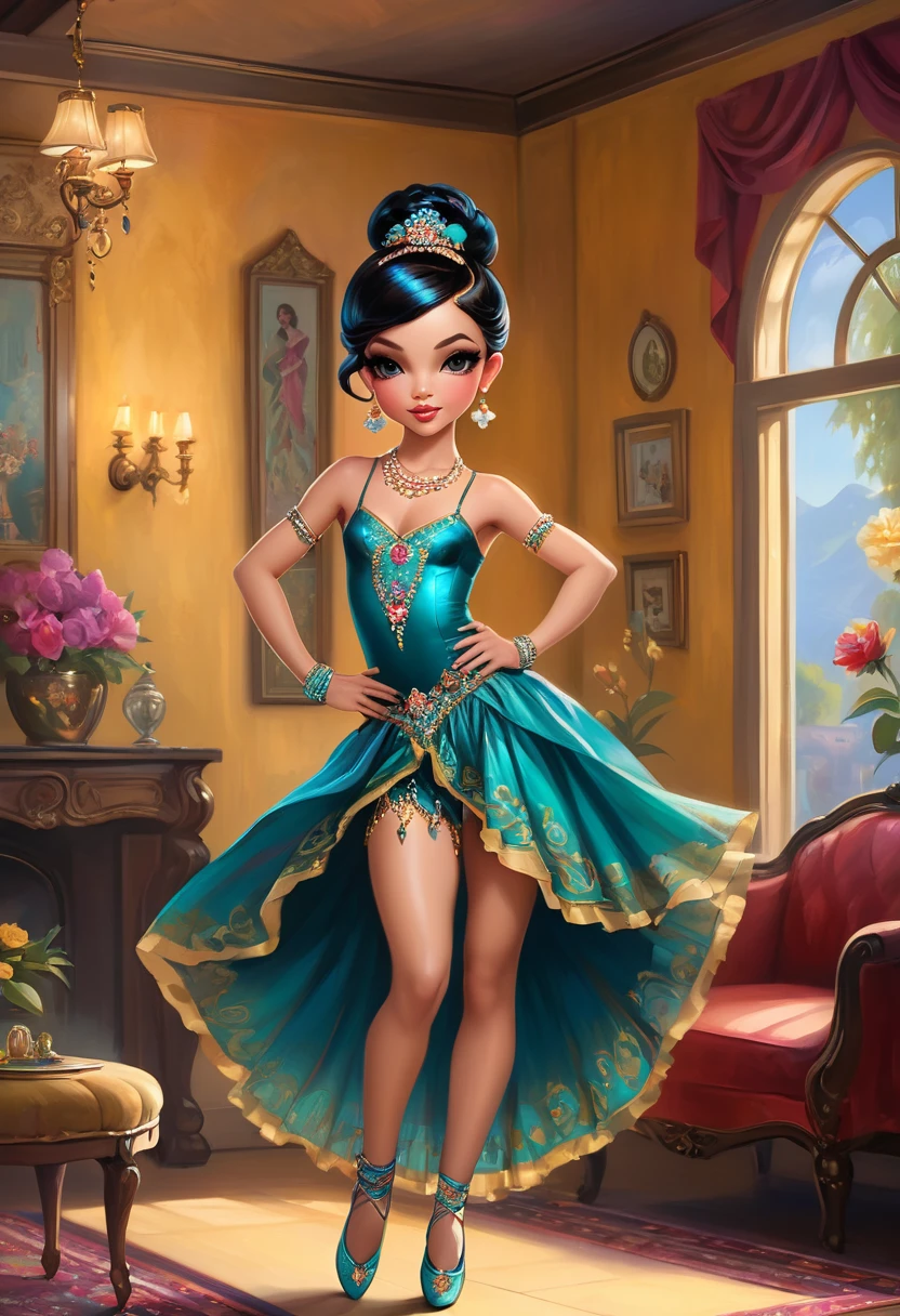 (((in style of Jasmine Becket-Griffith, full-length portrait of a dancer in a living room))), 1girl, Stunning young dancer, Gypsy Dancer, (Amazing dance:1.9), Beautiful dance costume, Jewelry, Accessories, slim body, Sexy dancing, French Country Bar, Lively stage, Cheerful atmosphere, The artist&#39;s works, painting, A masterpiece, Vibrant colors, Physically based rendering, Clear focus, Ultra HD, (Use a wide-angle lens to shoot the whole body:2.2), high resolution, (panorama:1.8), Best quality, 8k, masterpiece, anatomically correct, textured skin, award winning