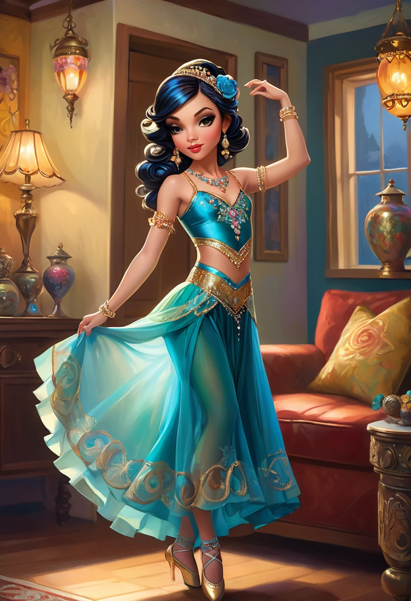 (((in style of Jasmine Becket-Griffith, full-length portrait of a dancer in a living room))), 1girl, Stunning young dancer, Gypsy Dancer, (Amazing dance:1.9), Beautiful dance costume, Jewelry, Accessories, slim body, Sexy dancing, French Country Bar, Lively stage, Cheerful atmosphere, The artist&#39;s works, painting, A masterpiece, Vibrant colors, Physically based rendering, Clear focus, Ultra HD, (Use a wide-angle lens to shoot the whole body:2.2), high resolution, (panorama:1.8), Best quality, 8k, masterpiece, anatomically correct, textured skin, award winning