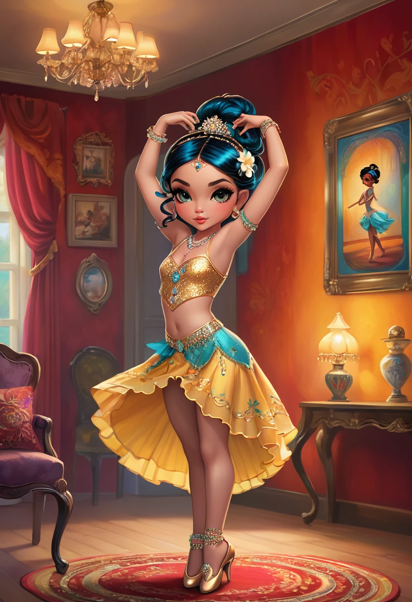 (((in style of Jasmine Becket-Griffith, full-length portrait of a dancer in a living room))), 1girl, Stunning young dancer, Gypsy Dancer, (Amazing dance:1.9), Beautiful dance costume, Jewelry, Accessories, slim body, Sexy dancing, French Country Bar, Lively stage, Cheerful atmosphere, The artist&#39;s works, painting, A masterpiece, Vibrant colors, Physically based rendering, Clear focus, Ultra HD, (Use a wide-angle lens to shoot the whole body:2.2), high resolution, (panorama:1.8), Best quality, 8k, masterpiece, anatomically correct, textured skin, award winning