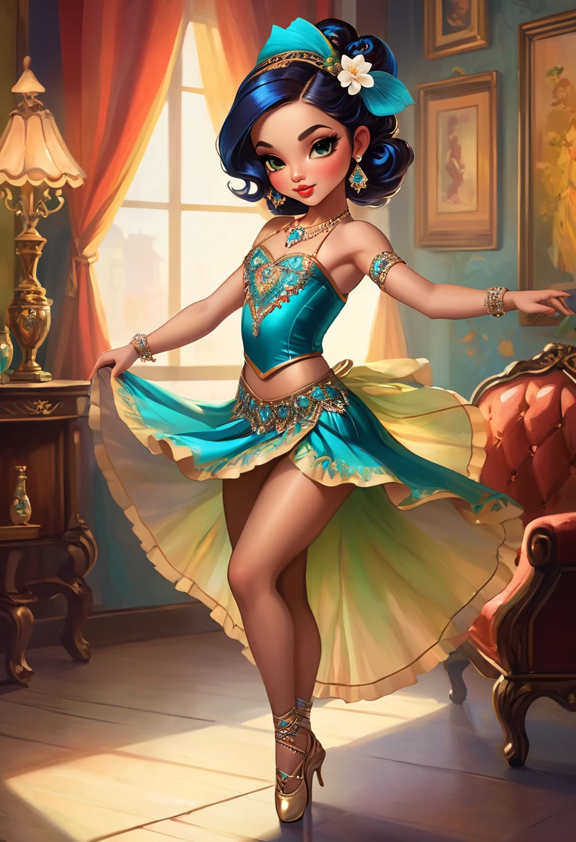 (((in style of Jasmine Becket-Griffith, full-length portrait of a dancer in a living room))), 1girl, Stunning young dancer, Gypsy Dancer, (Amazing dance:1.9), Beautiful dance costume, Jewelry, Accessories, slim body, Sexy dancing, French Country Bar, Lively stage, Cheerful atmosphere, The artist&#39;s works, painting, A masterpiece, Vibrant colors, Physically based rendering, Clear focus, Ultra HD, (Use a wide-angle lens to shoot the whole body:2.2), high resolution, (panorama:1.8), Best quality, 8k, masterpiece, anatomically correct, textured skin, award winning