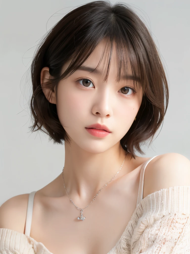 ultra high res, RAW photo, cute japanese women photos, long sleeve dress, very short hair, (upper half of body), Take a photo from the front,Portrait,surface focus,(light blush), extra large size_sweater, necklace, indoor, white background, interlace your fingers in front of your navel,looking at the viewer, mix 4, (realistic Photoreal:1.37), 1 girl, cute, natural lighting, photon mapping, Physically based rendering, shortcut, short hair, Handsome, girly, (clean face), (Detailed facial description), (detailed description of handasseter muscle part), (Detailed CG), Rich details, (exquisite features), (detailed eye), looking forward to your eyes, delicate clavicle, Versatile poses, profile, white wall, Spring clothes, Simple necklace, Don&#3, (photorealistic:1.4), From above, best quality, masterpiece