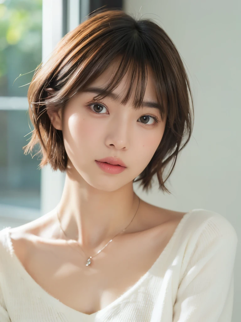 ultra high res, RAW photo, cute japanese women photos, long sleeve dress, very short hair, (upper half of body), Take a photo from the front,Portrait,surface focus, pensive,(light blush), extra large size_sweater, necklace, indoor, simple background, looking at the viewer, mix 4, (realistic Photoreal:1.37), 1 girl, cute, natural lighting, photon mapping, Physically based rendering, shortcut, short hair, Handsome, girly, (clean face), (Detailed facial description), (detailed description of handasseter muscle part), (Detailed CG), Rich details, (exquisite features), (detailed eye), looking forward to your eyes, delicate clavicle, Versatile poses, profile, white wall, Spring clothes, Simple necklace, Don, (photorealistic:1.4), From above, best quality, masterpiece