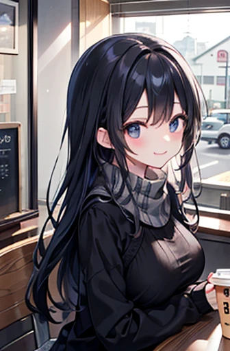 （Cute older sister:1.3）、 smile,winterの雰囲気、winter、lunch、coffee shop、Office Casual、Long black hair、Big Breasts