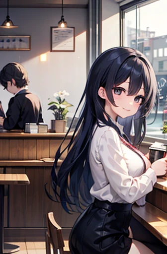 （Cute older sister:1.3）、 smile,winterの雰囲気、winter、lunch、coffee shop、Office Casual、Long black hair、Big Breasts