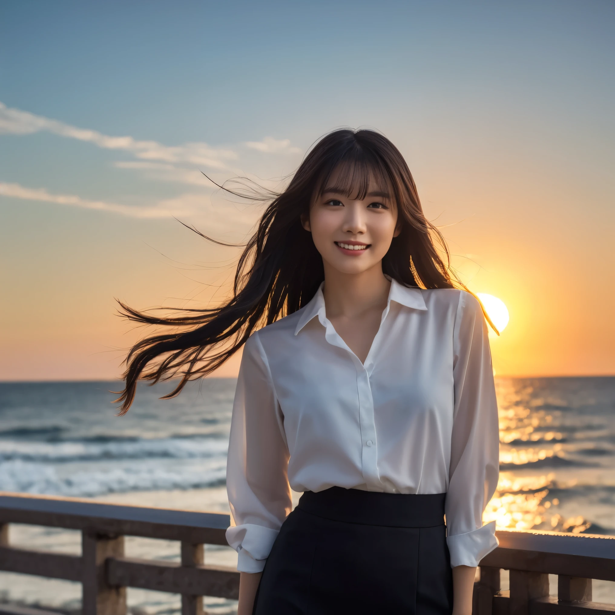 (Highest quality,masterpiece:1.3,Ultra-high resolution),(Very detailed,Caustics,8k),(Realistic:1.4,RAW shooting),Japanese,23 years old,cute,Place your finger on your lips,Are standing,(Big smile),(Looking into the camera),Black Hair Medium Hair,White blouse,Knee-length skirt,Strong winds,Hair blowing in the wind,Coastal,Backlight,sunset,sunset sky,(whole body),Natural light