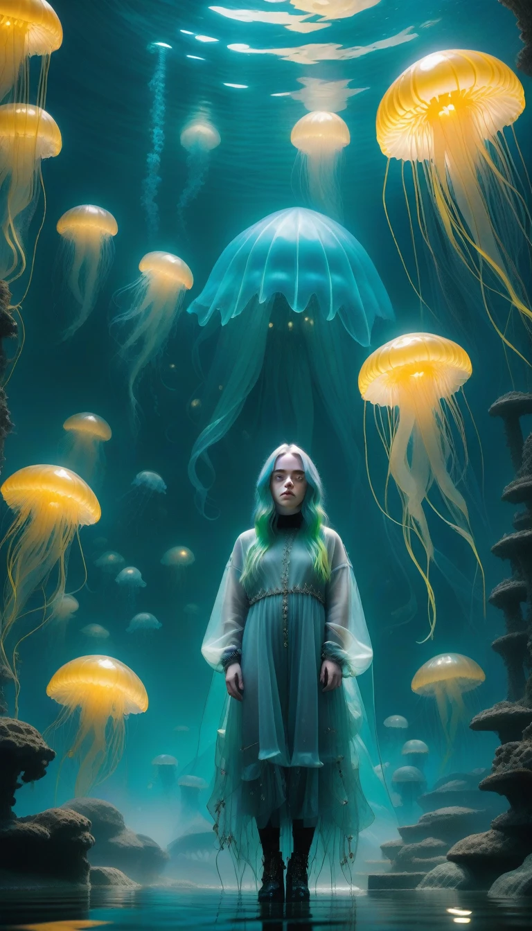 mysterious, Fantasy, figure: Billie Eilish is ancient, Sunken City. with a gentle touch, She controls luminous jellyfish that create a protective barrier., Drive away the shadow creatures that lurk in the depths.