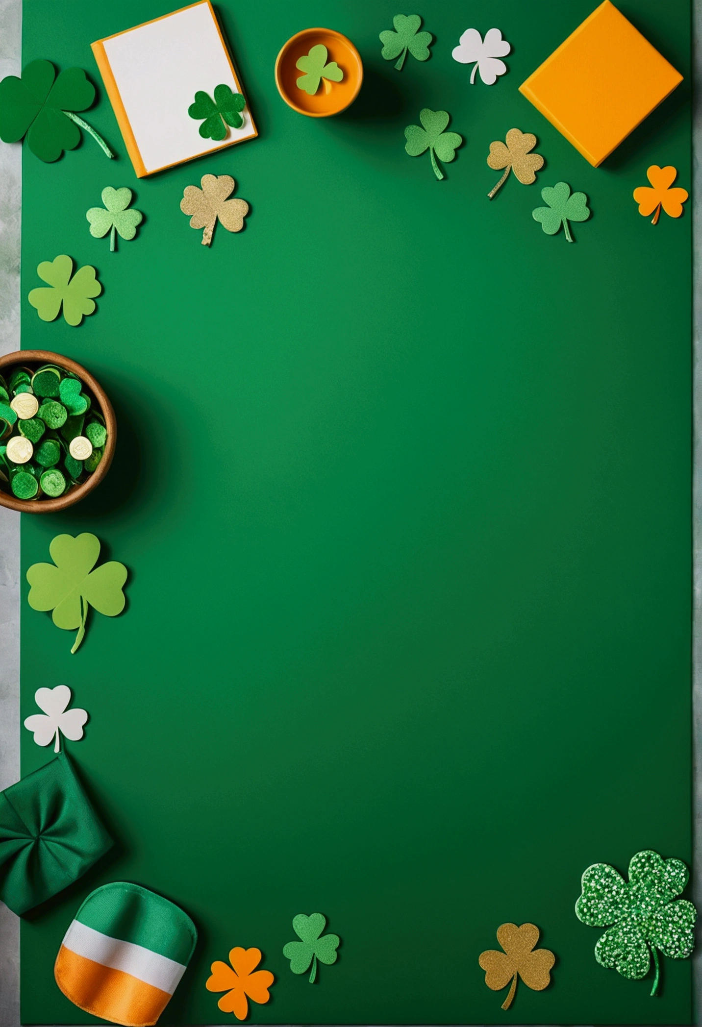 An aesthetic photography composition showcasing a blank St. Patrick’s Day template, with a vibrant backdrop, spacious areas for adding text or images, and playful icons representing Irish culture, offering a versatile canvas for creative designs.