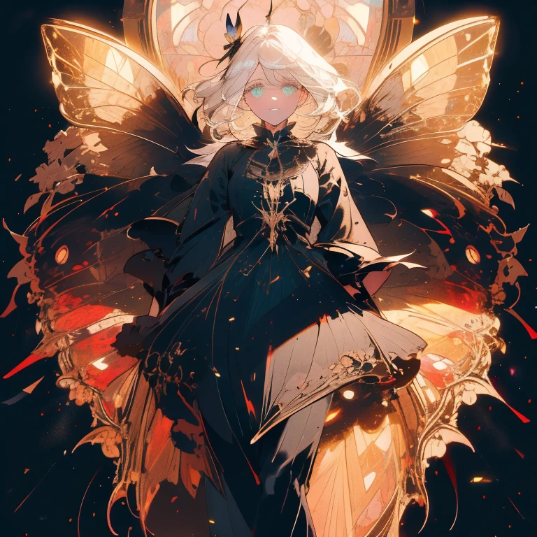a beautiful (1woman) with colorful butterfly wings, white hair, detailed face, green eyes,intricate butterfly wings,detailed wing patterns,detailed clothing,colorful butterfly wings,cinematic lighting,golden light particle, best detailed,masterpiece,ultra detailed, best shadow, action pose, (dynamic angle,detailed background,dark fantasy), (beautiful detailed face), high contrast, (best illumination, an extremely delicate and beautiful), ((cinematic light)), colorful, hyper detail, dramatic light, intricate details