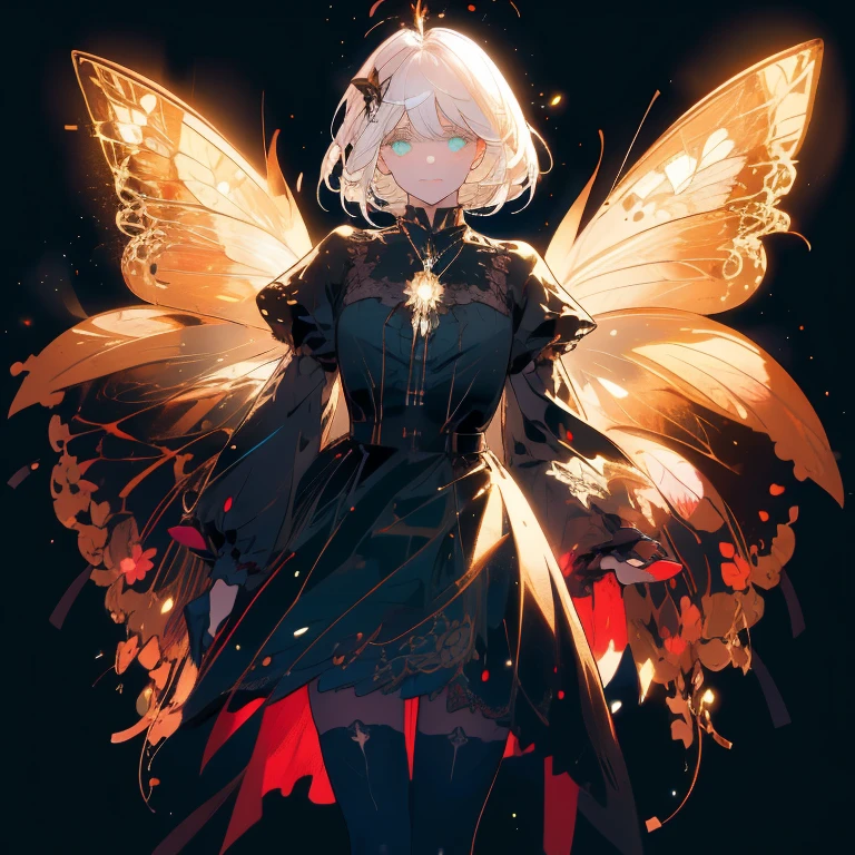 a beautiful (1woman) with colorful butterfly wings, white hair, detailed face, green eyes,intricate butterfly wings,detailed wing patterns,detailed clothing,colorful butterfly wings,cinematic lighting,golden light particle, best detailed,masterpiece,ultra detailed, best shadow, action pose, (dynamic angle,detailed background,dark fantasy), (beautiful detailed face), high contrast, (best illumination, an extremely delicate and beautiful), ((cinematic light)), colorful, hyper detail, dramatic light, intricate details