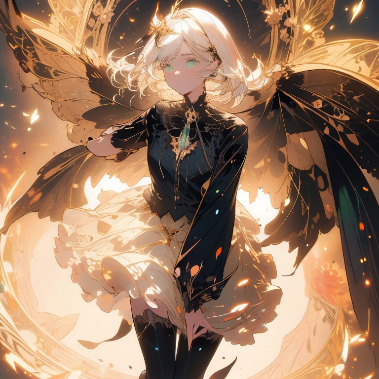 a beautiful (1woman) with colorful butterfly wings, white hair, detailed face, green eyes,intricate butterfly wings,detailed wing patterns,detailed clothing,colorful butterfly wings,cinematic lighting,golden light particle, best detailed,masterpiece,ultra detailed, best shadow, action pose, (dynamic angle,detailed background,dark fantasy), (beautiful detailed face), high contrast, (best illumination, an extremely delicate and beautiful), ((cinematic light)), colorful, hyper detail, dramatic light, intricate details