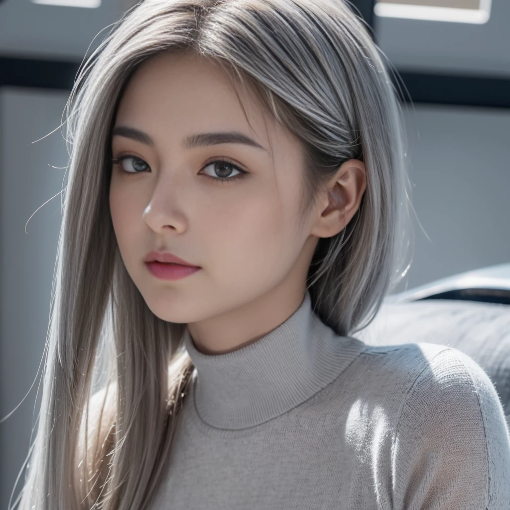 Masterpiece, 8K, photorealistic, realistic,
_ (the most beautiful, Japanese idol, sexy), 22 years old, light color medium large nipples, baby face, small face, small nose, big eyes, Sharp Faceline, (small jow:1.2), small lips, (smile, glistening teeth), (glistening blue eyes:1.2), makeup, Eyeshadow, , shiny skin, detailed skin, detailed face, detailed eyes, (gray hair, medium hair:1.3), shiny hair,
_
(shirt Lift:1.3), from side, look at viewer,Focus eyes,
_
Inorganic concrete studio with windows, highly detailed background, dramatic lighting,
_
BREAK (black theme:1.4), (Very large size black sweatshirt:1.3), (Slim fit pants:1.2),
_
ultra-realistic textures, raw photo,