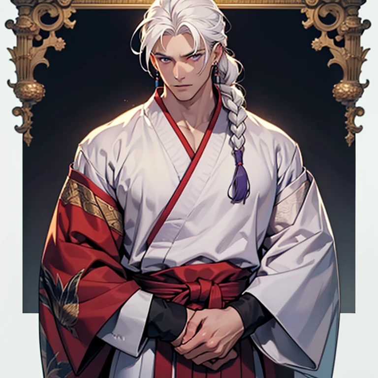 ((masterpiece)), (((best quality))), 1 male, pale white skin, white hair, hair styled in a single thick braid, handsome man, detailed background of a mansion, purple eyes, earrings, standing straight pose, martial arts clothes, detailed face, highest quality, highly detailed, original, high resolution CG Unit 8k wallpaper, (best quality, artwork, masterpiece, 4k)