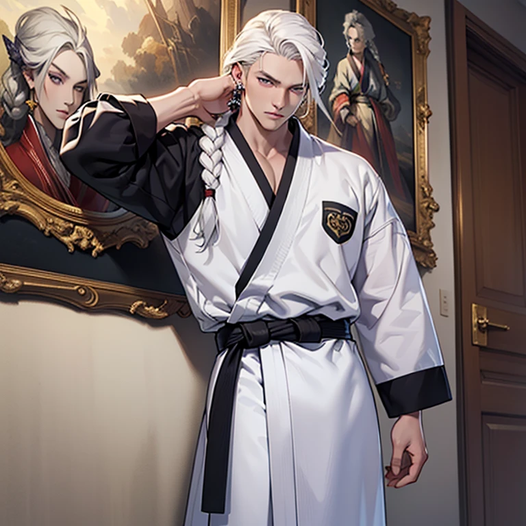 ((masterpiece)), (((best quality))), 1 male, pale white skin, white hair, hair styled in a single thick braid, handsome man, detailed background of a mansion, purple eyes, earrings, standing straight pose, martial arts clothes, detailed face, highest quality, highly detailed, original, high resolution CG Unit 8k wallpaper, (best quality, artwork, masterpiece, 4k)