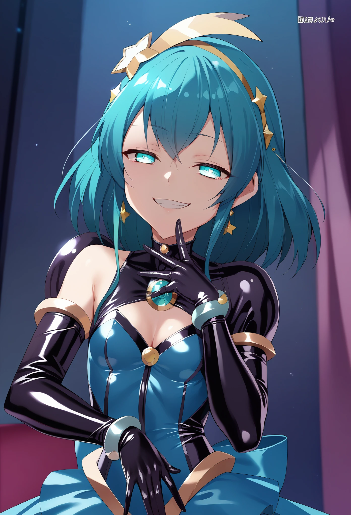 score_9,score_8_up,score_7_up, score_6_up, uncensored, source_anime, 5_fingers, 1girl, solo, black badend-bodysuit, badend-tiara, blue frills, blue skirt, blue gem, latex bodysuit, good_hands, upper body, small breasts, curemilky, evil smile, crazy smile, half-closed eyes, empty eyes,  elbow gloves, cleavage, latex, dark majical girl, corruption, shiny