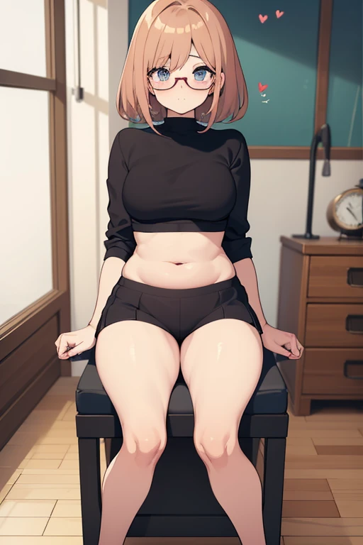 Short statured girl with glasses, plump thighs,, sitting on the floor, blushing, Bare abdomen, flat stomach, Crossed arms, heart eyes