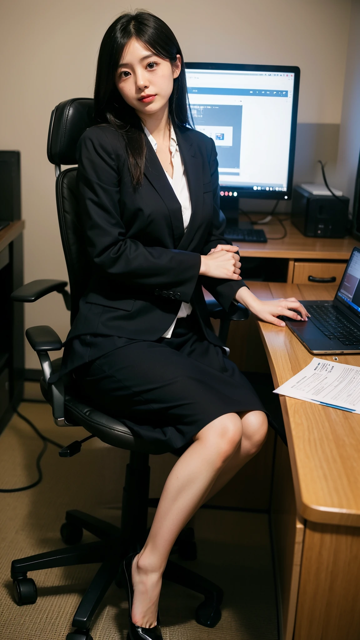 One girl sitting on an office chair,computers,(Japanese women:1.3),31 years old,Delicate,business women's clothing,(Jacket:1.1),(shirt:1.1),(Wrap skirt:1.1),jewelry,socks,stockings,Black Lens Stockings,It gives me goosebumps,Goose - meat,(Faithfulness:1.3),Filigree,quality,(masterpiece:1.2),(Faithfulness:1.2),(highest quality),(Skin details:1.3),(Intricate details),dramatic,Ray Tracing,photograph,In the Shadows,Visual novel,Skyscraper boss's office,Windows with city views,Film Grain,Depth of written boundary