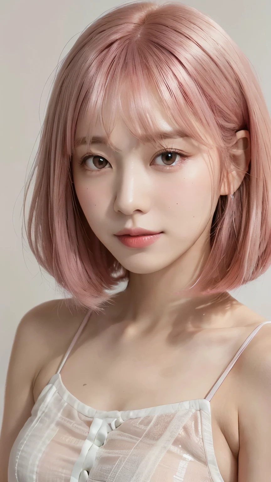 Top quality, one beautiful woman, 35mm lens, f/1, pink hair、parm hair,shiny hair、bob hair,a small amount of bangs、camisole、white background