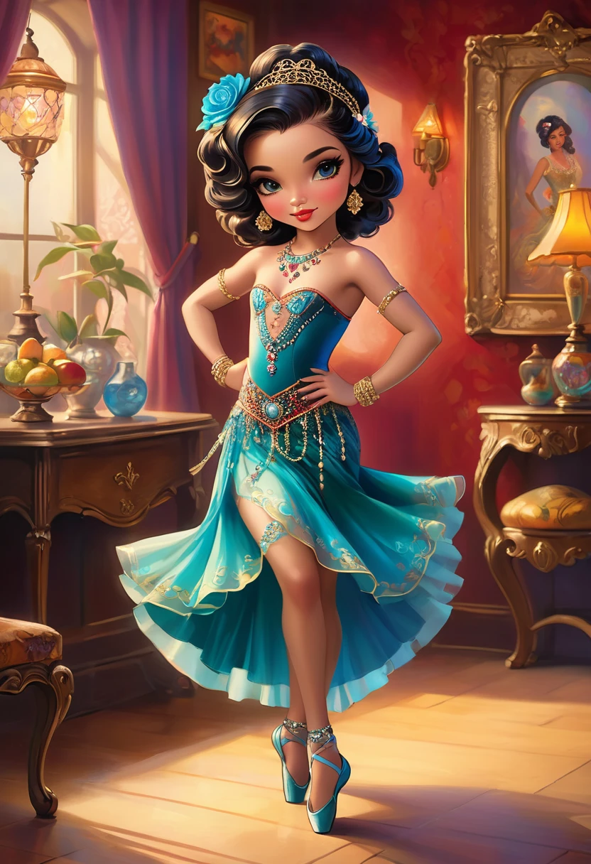 in style of Jasmine Becket-Griffith, full-length portrait of a dancer in a living room, 1girl, Stunning young dancer, Gypsy Dancer, (Amazing dance:1.9), Beautiful dance costume, Jewelry, Accessories, slim body, Sexy dancing, French Country Bar, Lively stage, Cheerful atmosphere, The artist&#39;s works, painting, A masterpiece, Vibrant colors, Physically based rendering, Clear focus, Ultra HD, (Use a wide-angle lens to shoot the whole body:2.2), high resolution, (panorama:1.8), Best quality, 8k, masterpiece, anatomically correct, textured skin, award winning