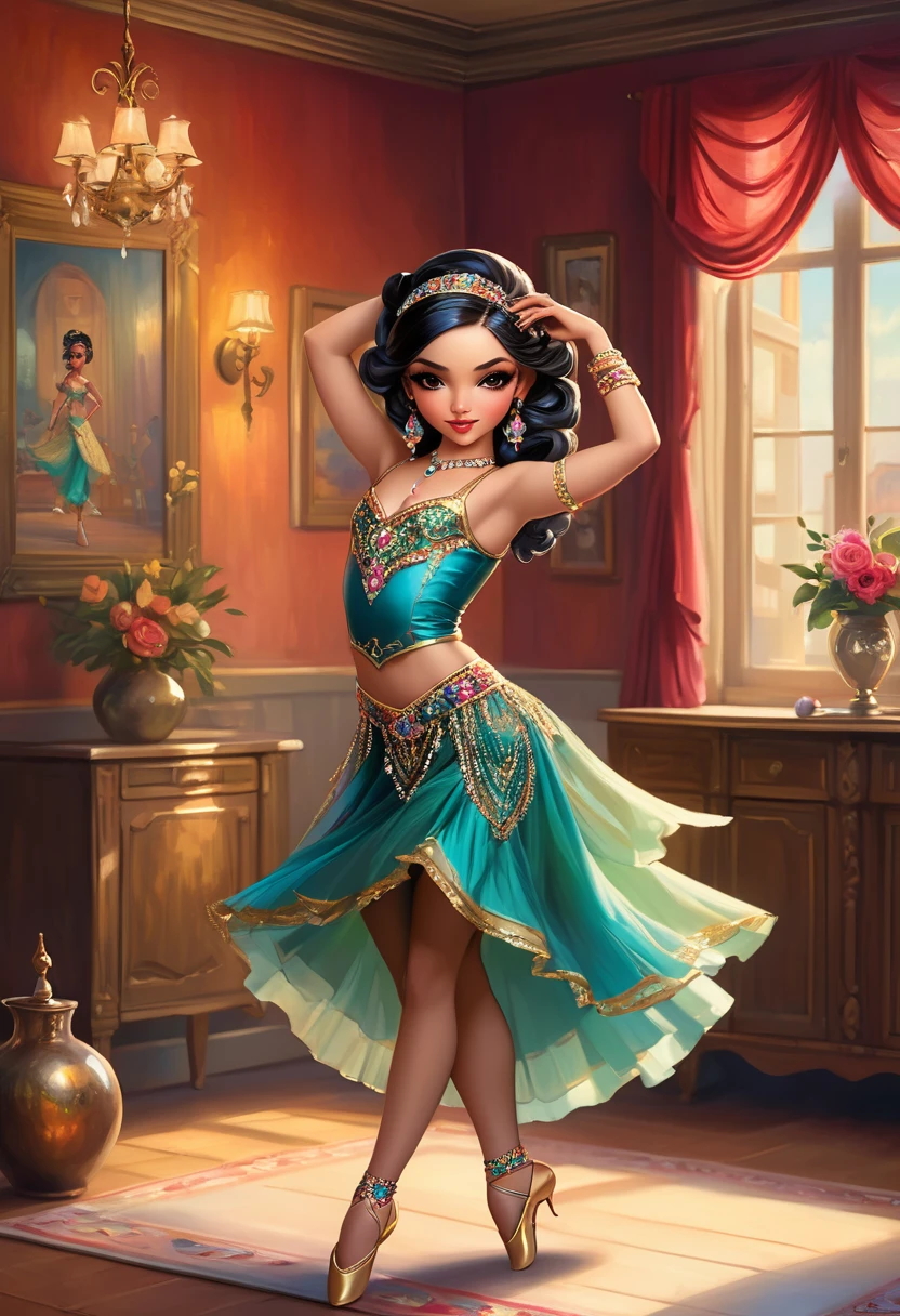 in style of Jasmine Becket-Griffith, full-length portrait of a dancer in a living room, 1girl, Stunning young dancer, Gypsy Dancer, (Amazing dance:1.9), Beautiful dance costume, Jewelry, Accessories, slim body, Sexy dancing, French Country Bar, Lively stage, Cheerful atmosphere, The artist&#39;s works, painting, A masterpiece, Vibrant colors, Physically based rendering, Clear focus, Ultra HD, (Use a wide-angle lens to shoot the whole body:2.2), high resolution, (panorama:1.8), Best quality, 8k, masterpiece, anatomically correct, textured skin, award winning