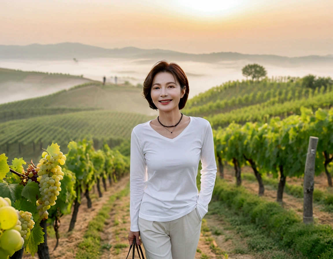 Italy foggy countryside dawn, Endless vineyards, A cathedral can be seen far away in the fog.. Korean woman in her 40s, Wearing a luxury brand white long-sleeved T-shirt, casual pants, Korean woman with beautiful short medium bob hair, Standing on a path on top of a vineyard hill, Beautiful Korean woman with bright and clear skin, The neckline is clean and beautiful.. Elegant and modest, Korean woman smiling,Looks like Ruri Rarak is alive., standing in the vineyard , small black string necklace, 1 woman
