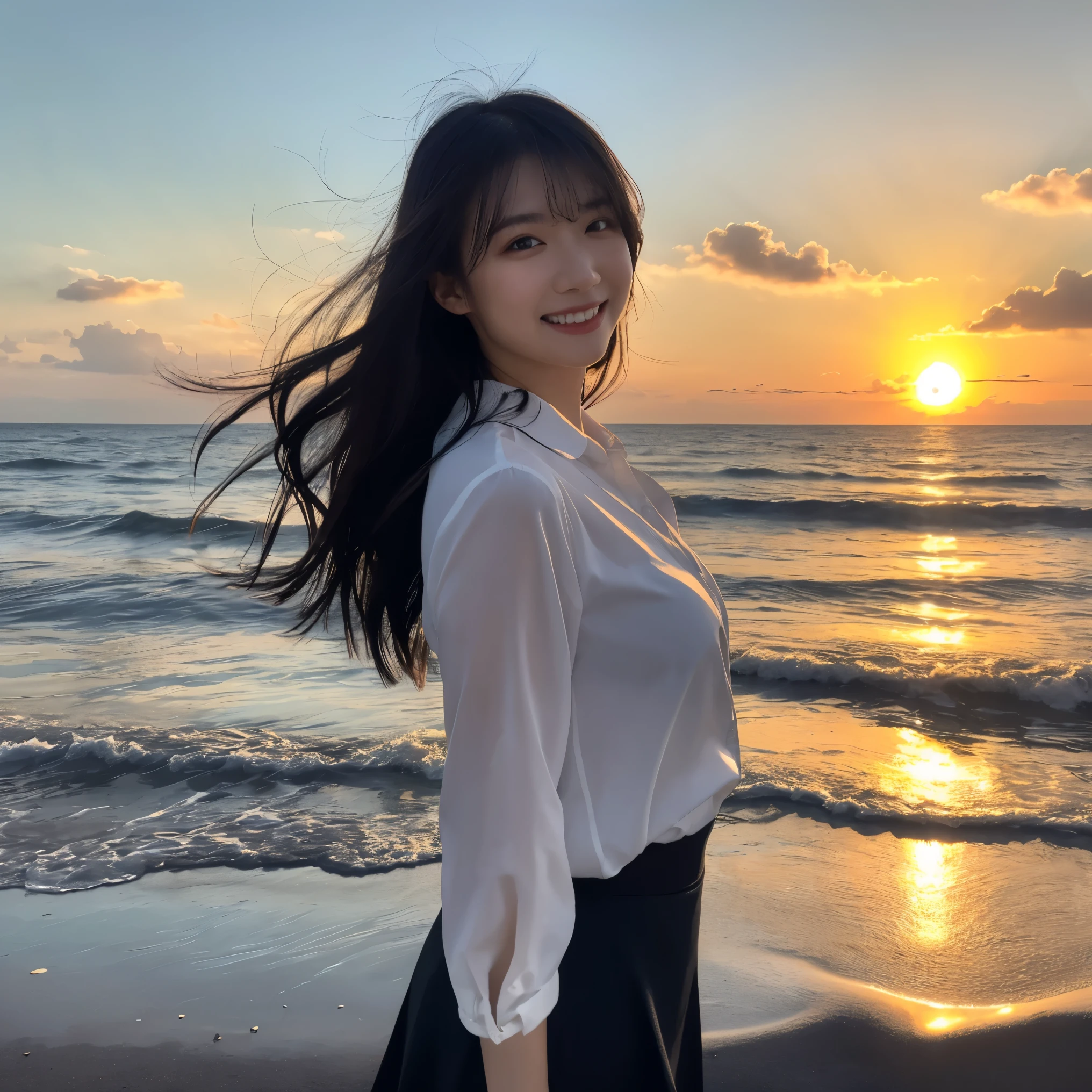(Highest quality,masterpiece:1.3,Ultra-high resolution),(Very detailed,Caustics,8k),(Realistic:1.4,RAW shooting),Japanese,23 years old,cute,Place your finger on your lips,Are standing,(Big smile),(Looking into the camera),Black Hair Medium Hair,White blouse,Knee-length skirt,Strong winds,Hair blowing in the wind,Coastal,Backlight,sunset,sunset sky,(whole body),Natural light