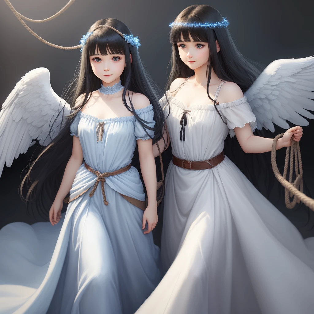 An incredibly charming  wearing a long angel dress, beautiful realistic blue wings, angelic look, happy eyes, hair with black bangs, rope belt around his waist. The illustration is in high definition with 4k resolution., 2d, with highly detailed facial features and cartoon style visuals. simple drawing 