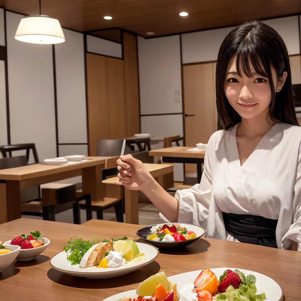 Generate an image of Greek yogurt topped with mixed fruits, served alongside health-conscious dishes in a Japanese-style restaurant. The scene is set during dinner time, with a cute Japanese woman sitting joyfully, enjoying the meal.
