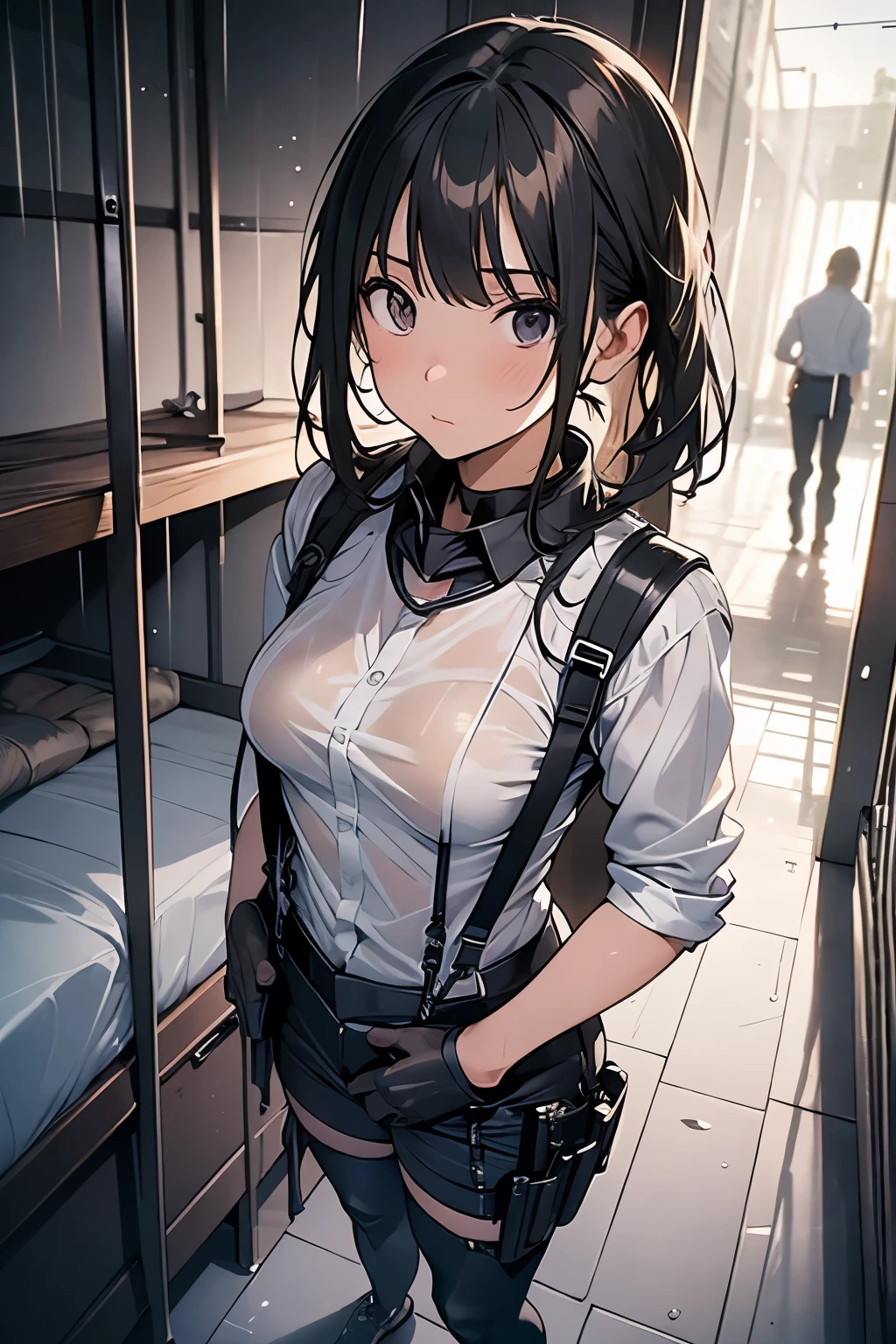 1 female, , high quality, masterpiece, Ultra-high resolution, , Cinema Lighting, , , And the suspenders with the cranes flying Large Breasts Small face holster Lying in bed Looking up Sweat belt summer 脇Sweat Black Hole Gloves suit shirt Black jacket Black trousers Leg Links ズボンにbelt holster Hands behind your back Anxious expression Looking up Anxious face, legs apart Armament Handgun handcuffs Cable ties レッグholster holster See-through clothing heavy rain Getting wet in the rain
