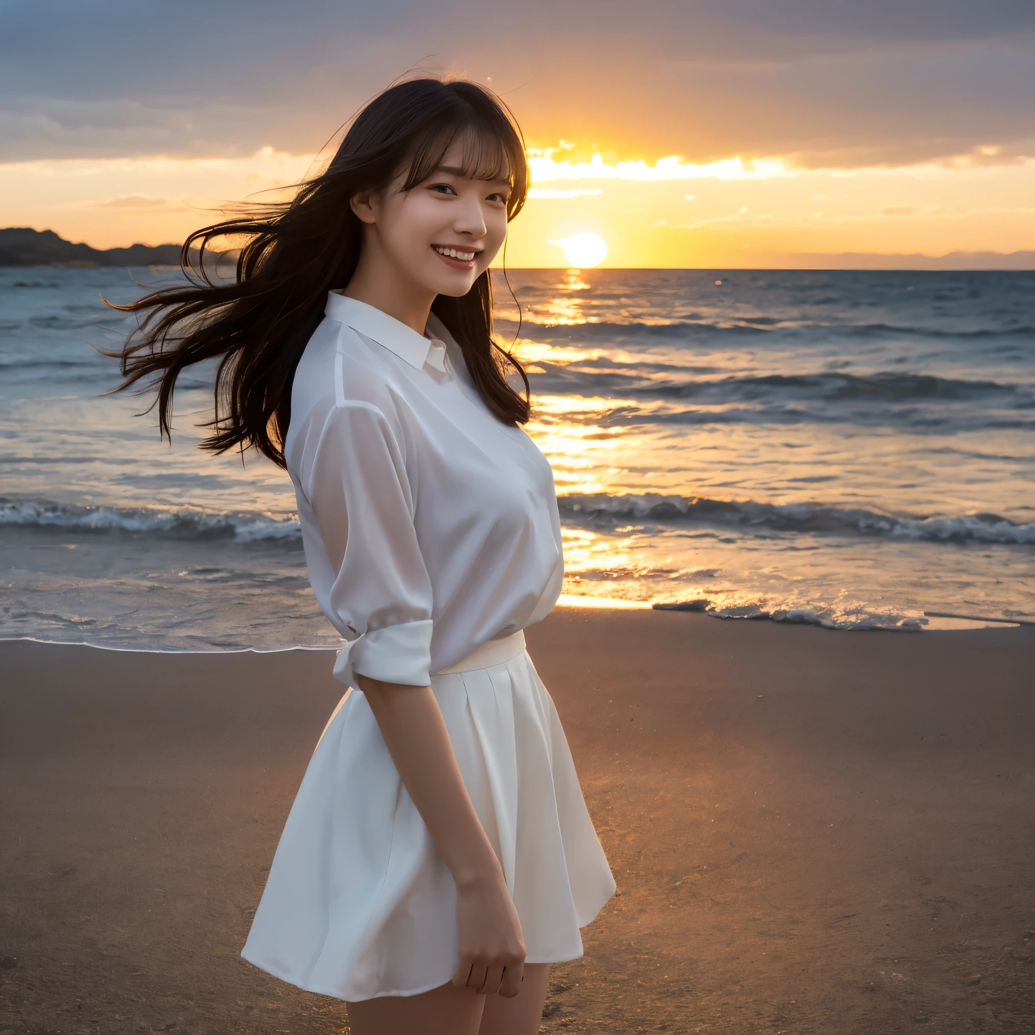 (Highest quality,masterpiece:1.3,Ultra-high resolution),(Very detailed,Caustics,8k),(Realistic:1.4,RAW shooting),Japanese,23 years old,cute,Place your finger on your lips,Are standing,(Big smile),(Looking into the camera),Black Hair Medium Hair,White blouse,Knee-length skirt,Strong winds,Hair blowing in the wind,Coastal,Backlight,sunset,sunset sky,(whole body),Natural light