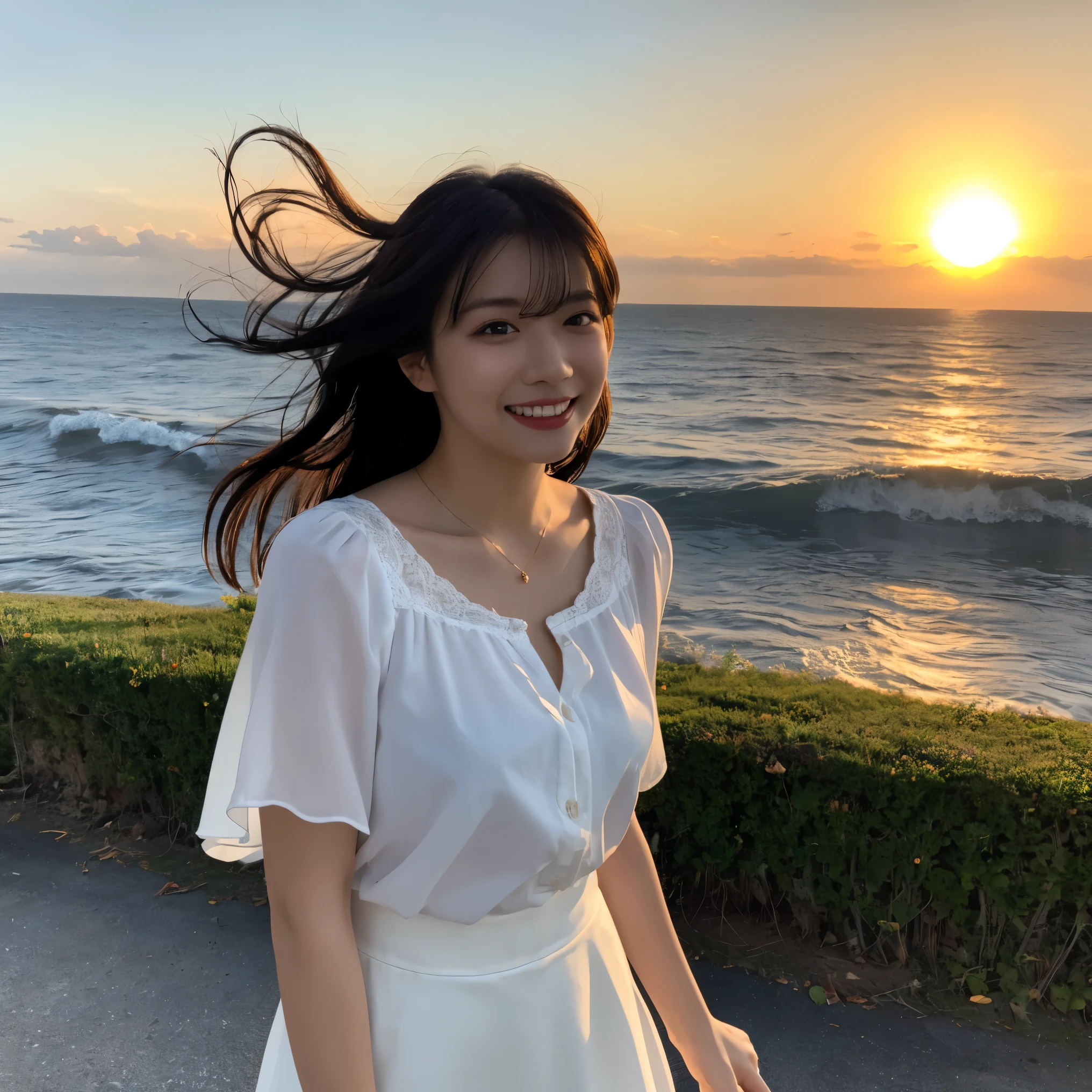 (Highest quality,masterpiece:1.3,Ultra-high resolution),(Very detailed,Caustics,8k),(Realistic:1.4,RAW shooting),Japanese,23 years old,cute,Place your finger on your lips,Are standing,(Big smile),(Looking into the camera),Black Hair Medium Hair,White blouse,Knee-length skirt,Strong winds,Hair blowing in the wind,Coastal,Backlight,sunset,sunset sky,(whole body),Natural light
