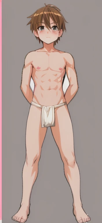 A cute, handsome sixth grade boy is standing with a white loincloth wrapped around his crotch.。