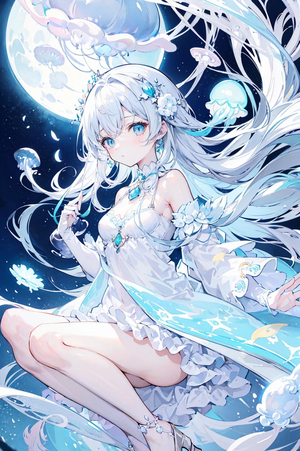 (Soft colors), (muted colors), (high quality render), light blue moon jellyfish personified, dainty, pearls, white color theme, moon jellyfish 🪼 ((illustration))