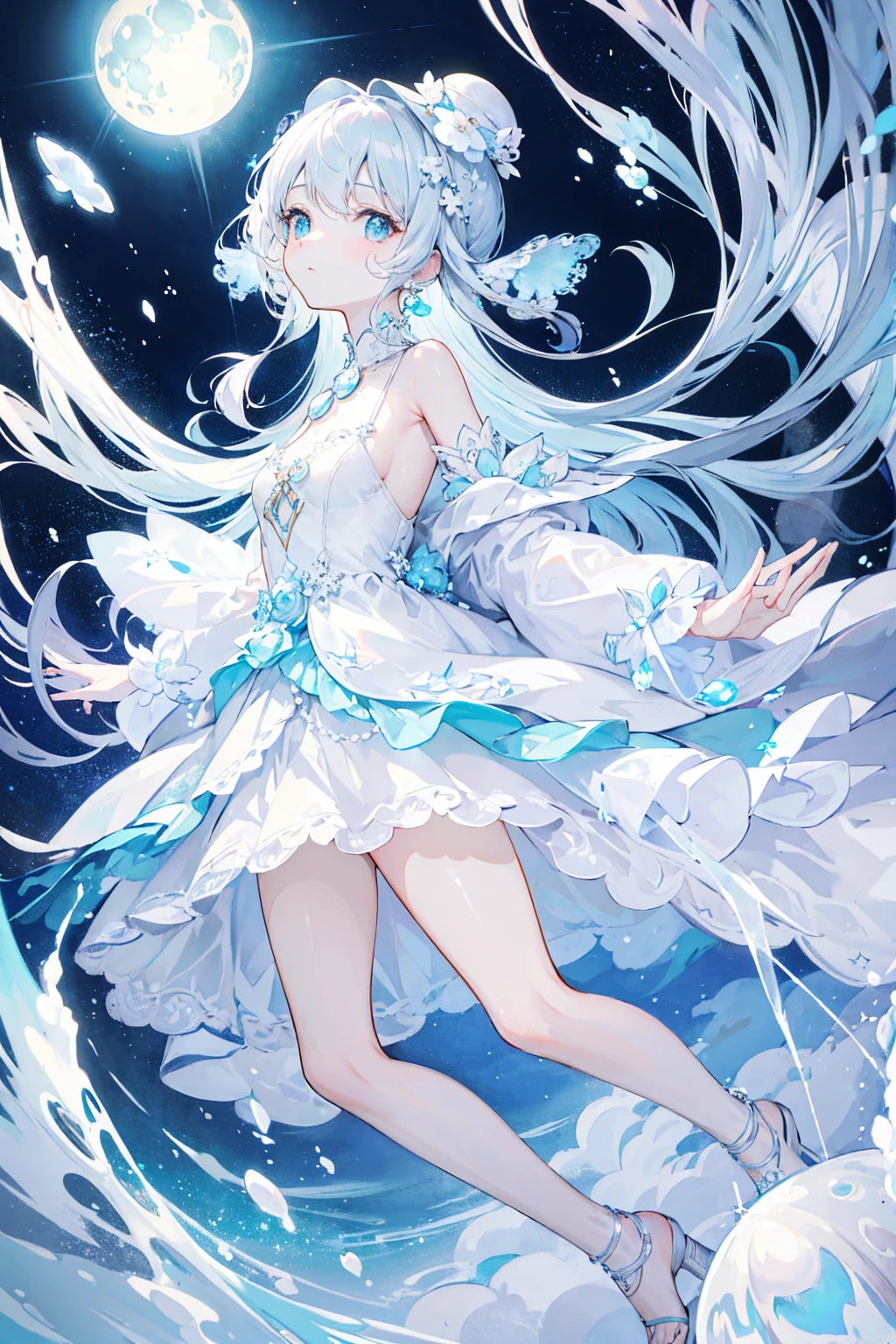 elegant,Holding a folding fan,fullbody,(Soft colors), (muted colors), (high quality render), light blue moon jellyfish personified, dainty, pearls, white color theme, ((illustration))