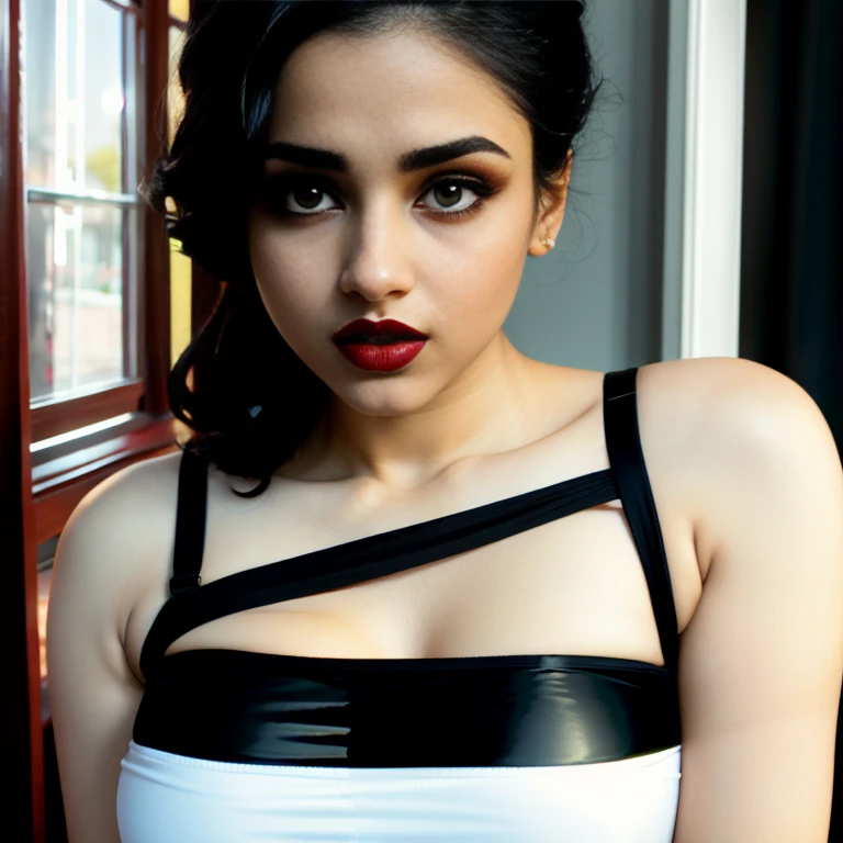 ((beautiful)+(attractive:0.9)+(sensual:0.8)) white Pakistani women ((nerd:0.8)+(lovely)+(clean skin)) with hazel eyes and red lips. Medium dark black hair, ((intense eyes)) open bra