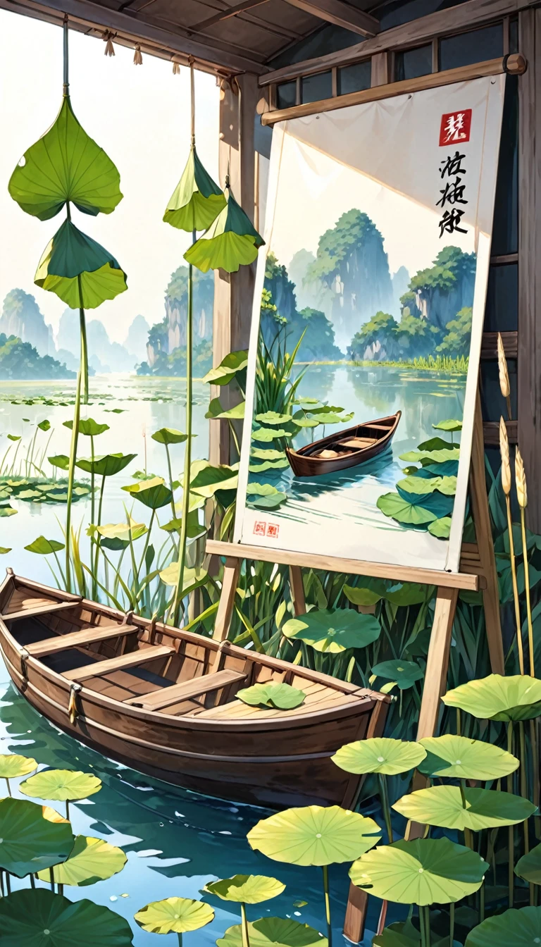 There is a poster，Lotus Leaf，A small amount of reed， Boat，Leaves