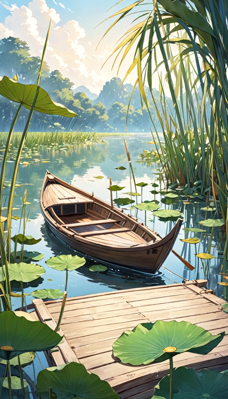 There is a poster，Lotus Leaf，A small amount of reed， Boat，Leaves