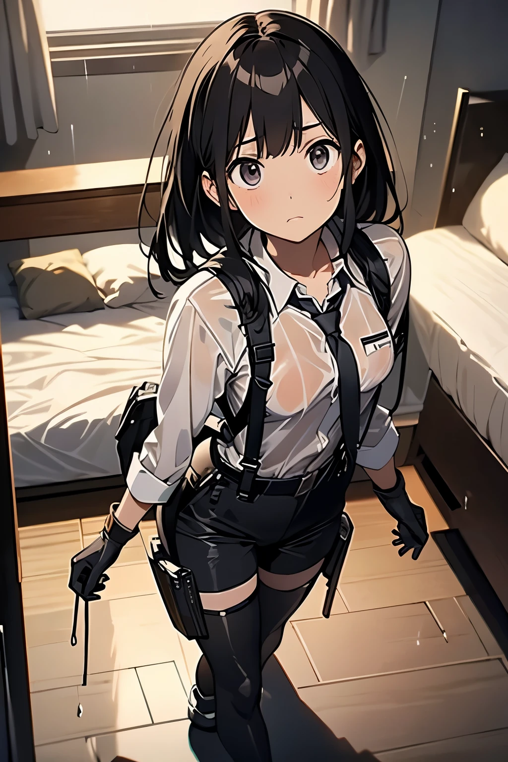 1 female, , high quality, masterpiece, Ultra-high resolution, , Cinema Lighting, , , And the suspenders with the cranes flying Large Breasts Small face holster Lying in bed Looking up Sweat belt summer 脇Sweat Black Hole Gloves suit shirt Black jacket Black trousers Leg Links ズボンにbelt holster Hands behind your back Anxious expression Looking up Anxious face, legs apart Armament Cable ties レッグholster holster See-through clothing heavy rain Getting wet in the rain