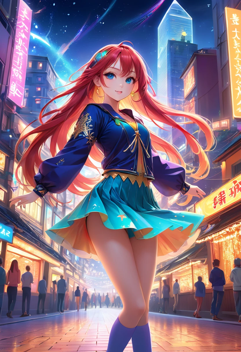 Detailed illustration of an anime-style dancing girl,She has a long head,Vibrant hair and expressive eyes,She should wear a trendy and colorful dance outfit,To reflect her youth,Vibrant personality,She is surrounded by a magical,Fantasy city landscape,Full of bright, flashing lights and fantastical buildings,These scenes create a peaceful and charming atmosphere around her