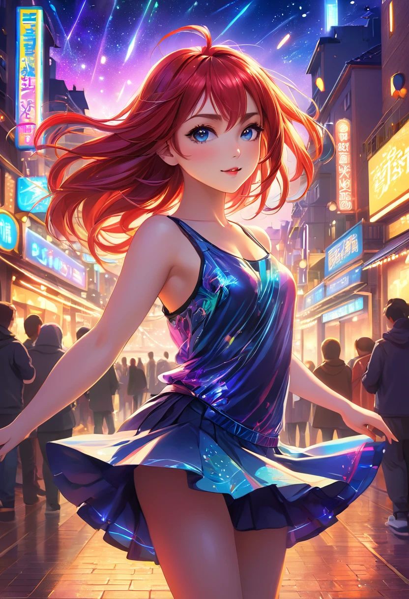 Detailed illustration of an anime-style dancing girl,She has a long head,Vibrant hair and expressive eyes,She should wear a trendy and colorful dance outfit,To reflect her youth,Vibrant personality,She is surrounded by a magical,Fantasy city landscape,Full of bright, flashing lights and fantastical buildings,These scenes create a peaceful and charming atmosphere around her