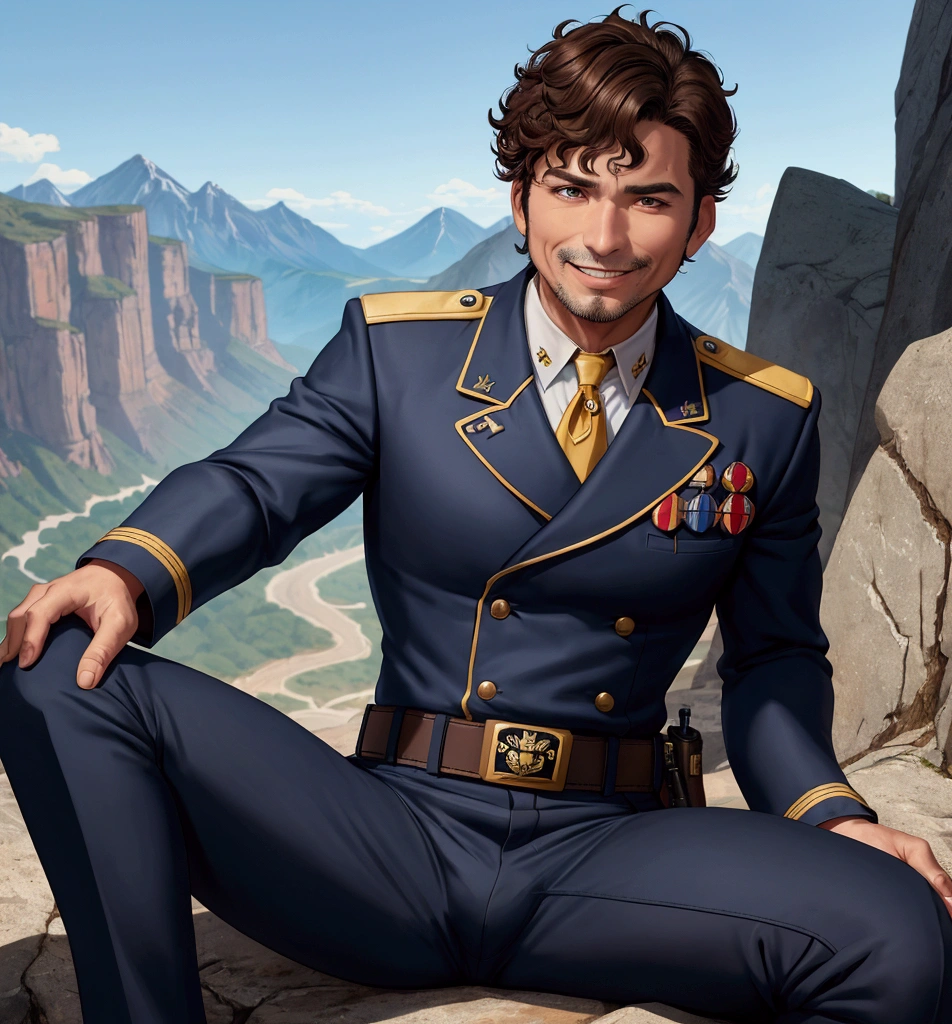 40-year-old man,、logic肉質、Navy blue cavalry uniform、Shocker Belt、Cliff in the mountains。Spread your legs wide、sit、logic,Gay ,Brown Hair、Very short hair。Perm、The crotch area of the pants is bulging、Villain&#39;s scary smile　　looking at the camera。